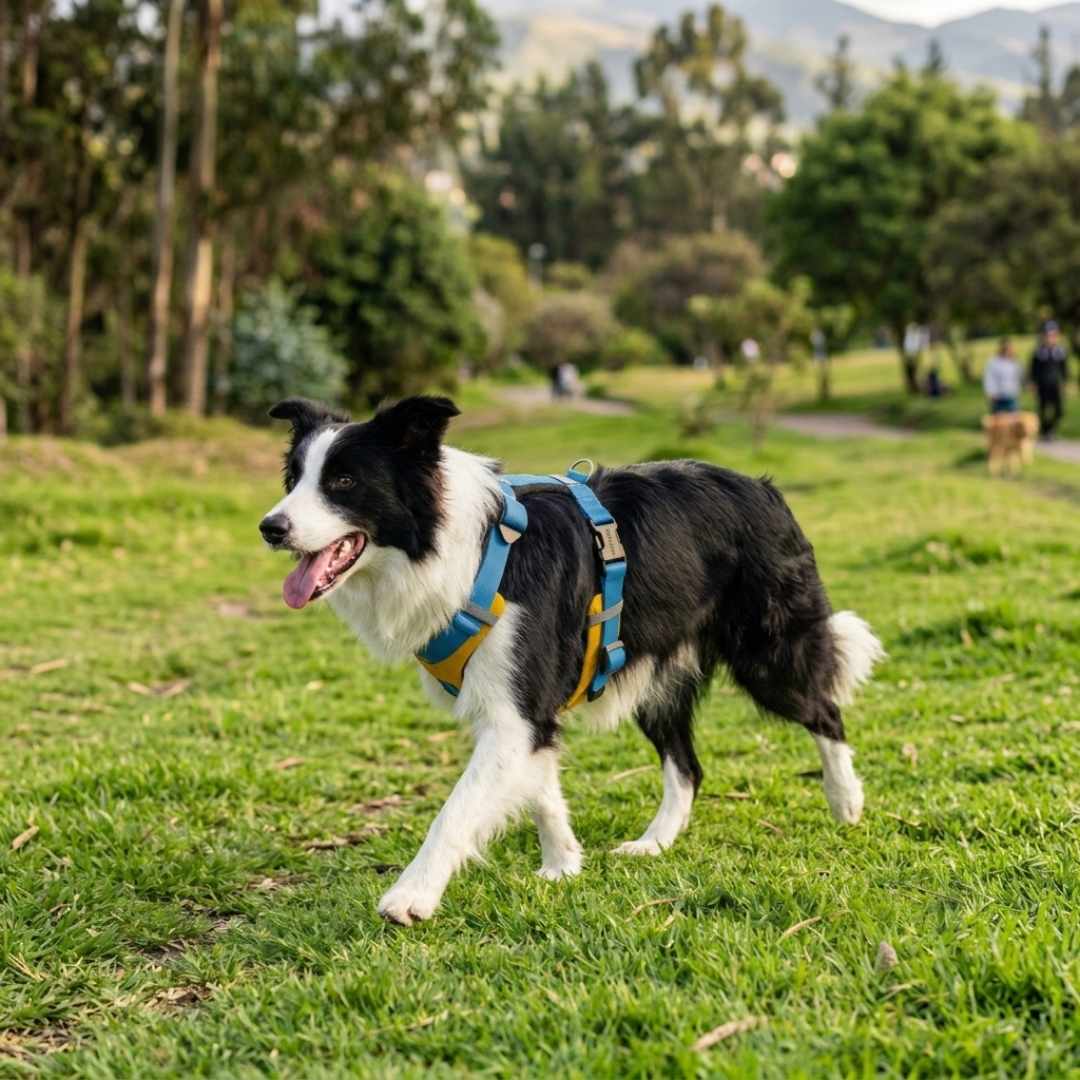 Arnes Active  Johndog color Amarillo Azul CIelo Producto en uso 