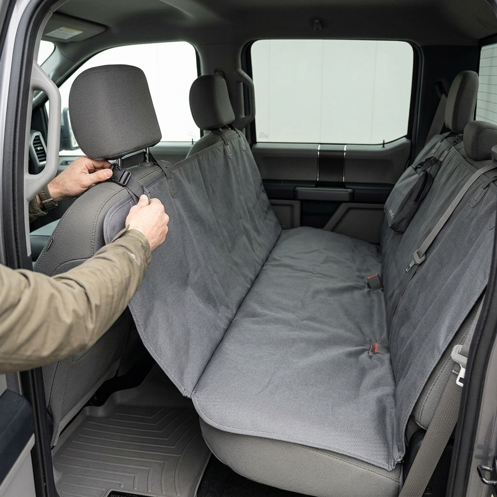 Cobertor Impermeable de auto para perro Johndog color Gris Producto en uso vista lateral correas